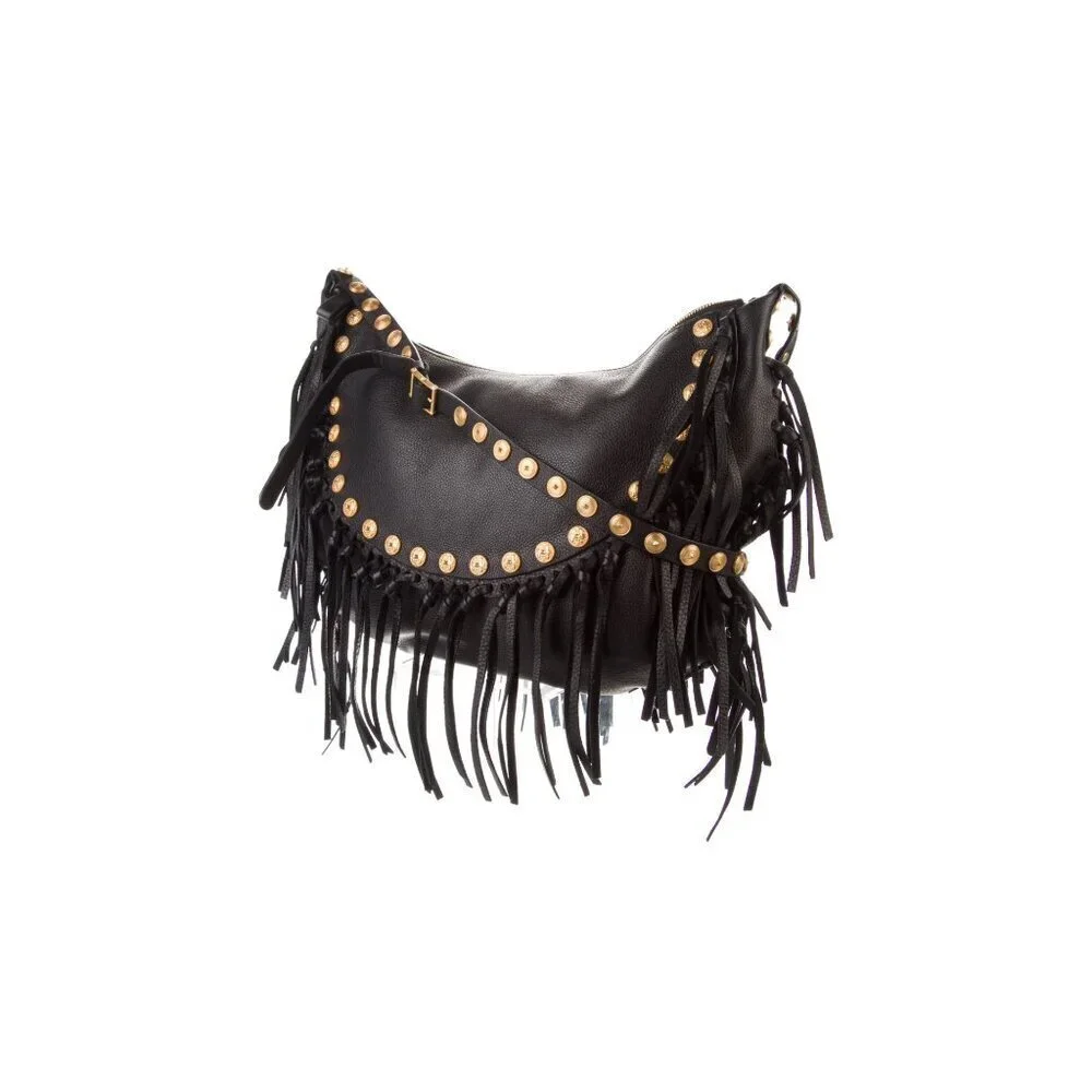 Valentino C-Rockee Fringe Hobo Black Leather Shoulder Bag With Gold Studs